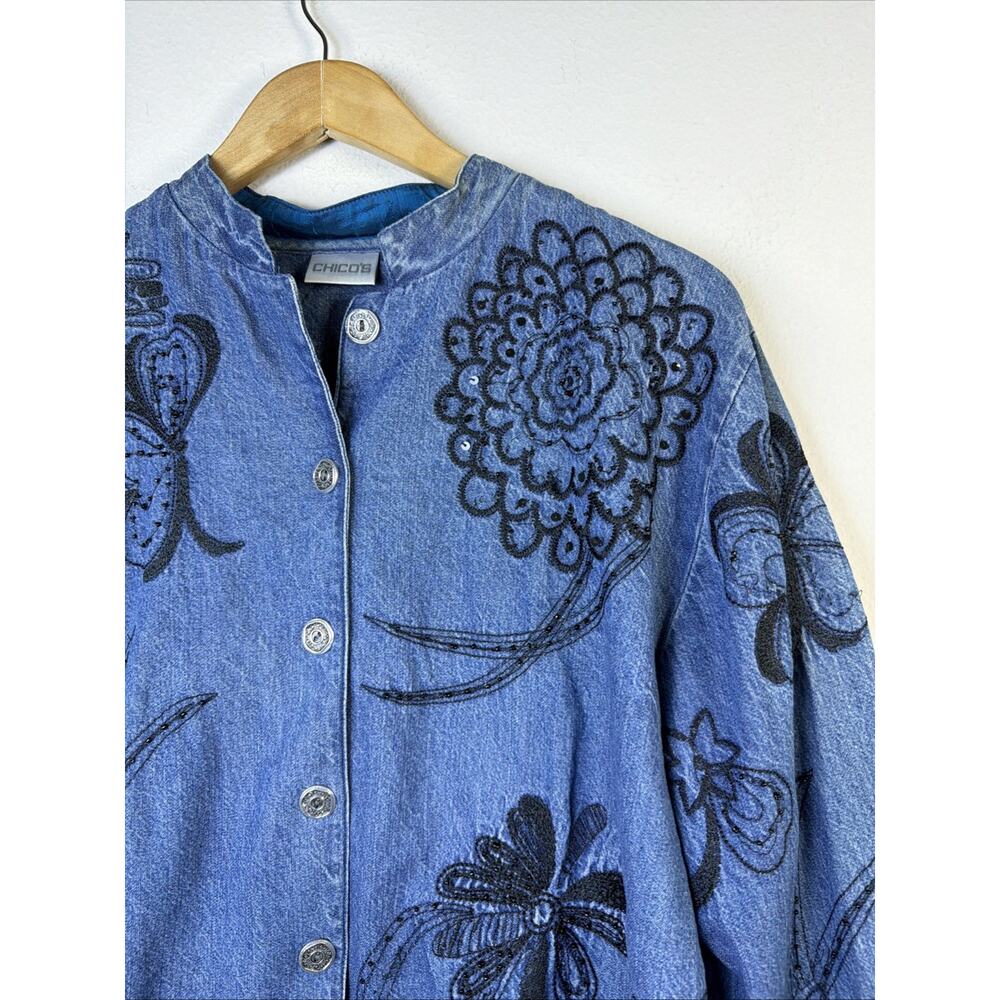 Chico's Design Southwest Embroidered Floral Lt Denim Jacket Large Boho victorian - Picture 5 of 16